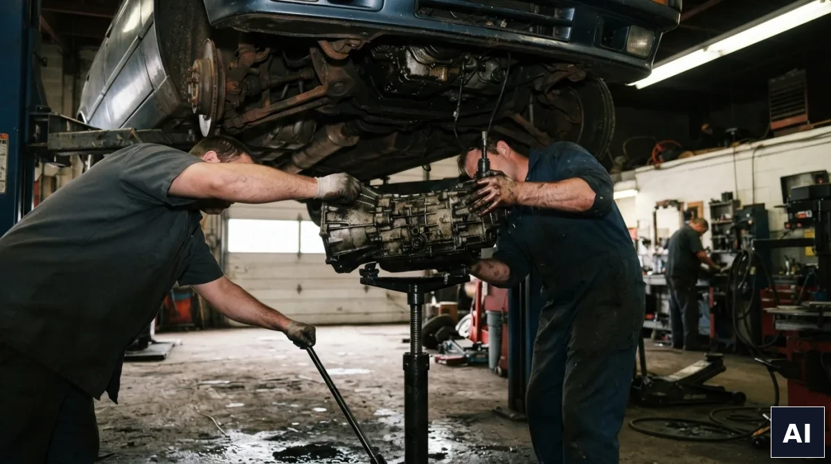 Dwóch mechaników wspólnie wymienia skrzynię biegów